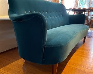 Carl Malmsten "Samsas" Sofa upholstered in Lee Jofa Teal Mohair Velvet with Contrasting Buttons. Circa 1930. Measures 70" W x 32" D x 33" H with 16.5" Seat Height. Photo 2 of 4.
