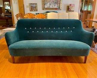 Carl Malmsten "Samsas" Sofa upholstered in Lee Jofa Teal Mohair Velvet with Contrasting Buttons. Circa 1930. Measures 70" W x 32" D x 33" H with 16.5" Seat Height. Photo 1 of 4.
