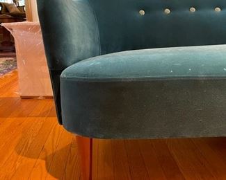 Carl Malmsten "Samsas" Sofa upholstered in Lee Jofa Teal Mohair Velvet with Contrasting Buttons. Measures 70" W x 32" D x 33" H with 16.5" Seat Height. Photo 4 of 4.