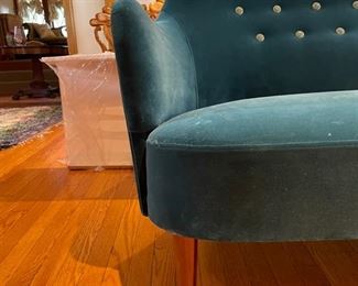 Carl Malmsten "Samsas" Sofa upholstered in Lee Jofa Teal Mohair Velvet with Contrasting Buttons. Circa 1930. Measures 70" W x 32" D x 33" H with 16.5" Seat Height. Photo 3 of 4.