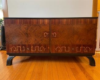 Svenska Mobler Swedish Art Deco/Neoclassical Inlaid Storage Cabinet. Woods include Satinwood, Golden Flame Birch and Mahogany. Measures 46" x 20" x 22.5" H. Photo 1 of 6.