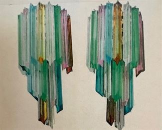 Pair of Vintage Murano Wall Sconces. Made of 16 Crystal Prisms; Italy 1985. Measures 21.66" H x 9.85" W x 5" H.