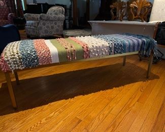 Anthropologie Turkish Rug Upholstered Bench. Measures 56" W x 18" D x 18" H. Photo 2 of 3.