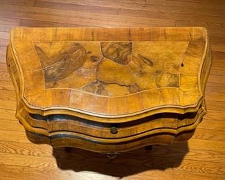 Small Antique Olive Wood Bombay Marquetry Chest. Measures 26" W x 13" D x 28" H. Photo 2 of 6.