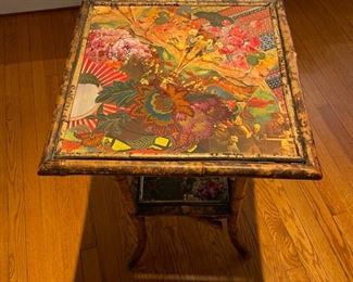 Late 19th Century Victorian Two-Tiered Decoupage & Tortoise Bamboo Occasional Table. Measures 30" H x 17" W x 17" D. Measures 26.5" H x 20.5" W x 14" D. Photo 2 of 3.