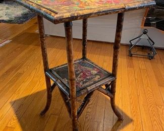 Late 19th Century Victorian Two-Tiered Decoupage & Tortoise Bamboo Occasional Table. Measures 30" H x 17" W x 17" D. Photo 1 of 3.