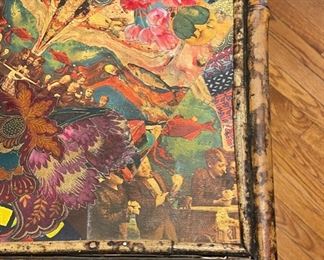 Late 19th Century Victorian Two-Tiered Decoupage & Tortoise Bamboo Occasional Table. Measures 30" H x 17" W x 17" D. Measures 26.5" H x 20.5" W x 14" D. Photo 3 of 3.