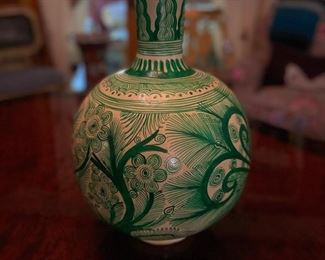 Green & White Ceramic Vase. Measures 13" H x 9" D. Photo 1 of 3.