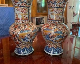 Pair of Antique Asian Imari Vases (Kangxi). Each Measures 15" H x 8" W with 7.5" Opening. Photo 1 of 3.