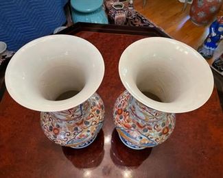 Pair of Antique Asian Imari Vases (Kangxi). Each Measures 15" H x 8" W with 7.5" Opening. Photo 2 of 3.
