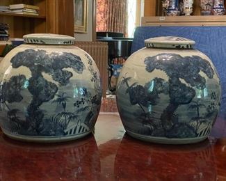 Pair of Early Qing Lidded Chinoiserie Ginger Jars. VERY HEAVY. Each Measures 10" H x 12" D with 4" Opening. Photo 1 of 8.
