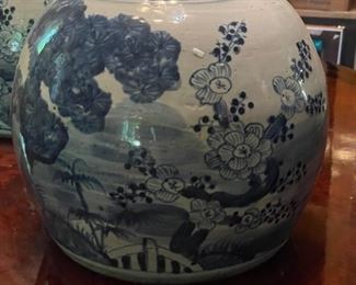 Pair of Early Qing Lidded Chinoiserie Ginger Jars. VERY HEAVY. Each Measures 10" H x 12" D with 4" Opening. Photo 2 of 8.