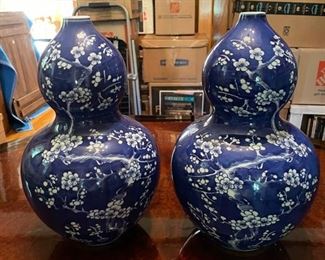 Antique Blue & White Floral Chinoiserie Vases. Each Measures 15" H x 8" D at Widest Point. Photo 1 of 4.