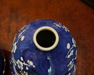 Antique Blue & White Floral Chinoiserie Vases. Each Measures 15" H x 8" D at Widest Point. Photo 4 of 4.