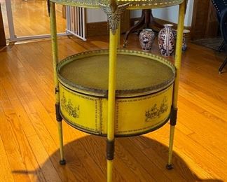 Italian 19th Century Antique Round Yellow Painted Tole Metal Side Table With Brass Ormolu. Measures 32" H x 19" D. Photo 1 of 5.