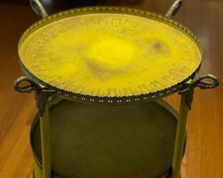 Italian 19th Century Antique Round Yellow Painted Tole Metal Side Table With Brass Ormolu. Measures 32" H x 19" D. Photo 2 of 5.