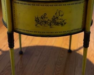 Italian 19th Century Antique Round Yellow Painted Tole Metal Side Table With Brass Ormolu. Measures 32" H x 19" D. Photo 4 of 5.