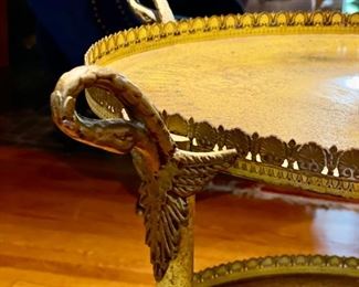 Italian 19th Century Antique Round Yellow Painted Tole Metal Side Table With Brass Ormolu. Measures 32" H x 19" D. Photo 3 of 5.