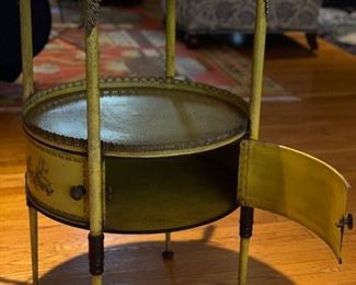 Italian 19th Century Antique Round Yellow Painted Tole Metal Side Table With Brass Ormolu. Measures 32" H x 19" D. Photo 5 of 5.