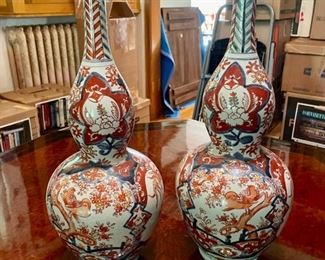 Pair of Antique Asian Imari "Double Gourd" Vases. Each Measures 16.5" H x 6.5" D at Widest Point. Photo 1 of 3.