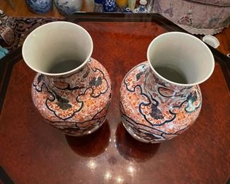 Pair of Antique Asian Imari Vases. Each Measures 16.5" H x 9" D with 5" Opening. Photo 4 of 4.