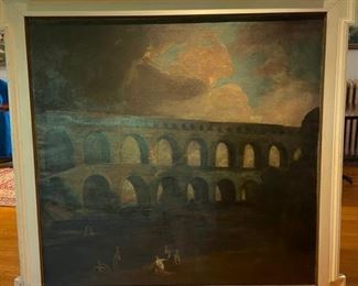 Antique Roman Aquaduct Oil Painting from the David Adler Estate. Measures Approximately 54" x 50".