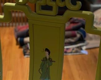 Citrus Green High Back Asian Ming Style Chair with Stencil of Woman. Each Measures 22" W x 20" D x 45" H. Photo 3 of 4.