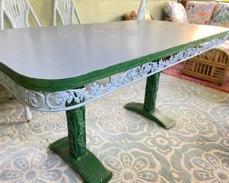 Green Dining Table & Set of 6 Wicker Chairs. Table Measures 56" x 30" x 29" H. Photo 2 of 8.