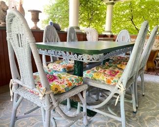 Green Dining Table & Set of 6 Wicker Chairs. Table Measures 56" x 30" x 29" H. Photo 1 of 8.