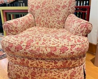 Jessica Charles Swivel Rocker with Matching Ottoman upholstered in a Scalamandre Floral Toile. Measures 33" W x 33" D. Photo 1 of 3.