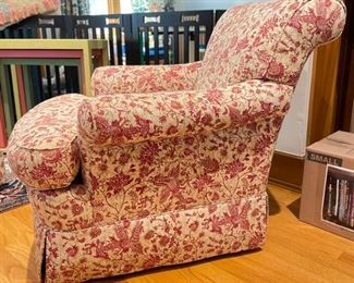 Jessica Charles Swivel Rocker with Matching Ottoman upholstered in a Scalamandre Floral Toile. Measures 33" W x 33" D. Photo 2 of 3.