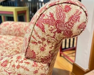Jessica Charles Swivel Rocker with Matching Ottoman upholstered in a Scalamandre Floral Toile. Measures 33" W x 33" D. Photo 3 of 3.