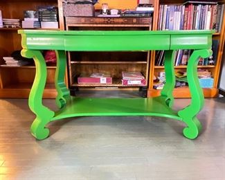 19th Century American Empire Revival Library Writing Desk in the Style of J. & J. W. Meeks. Lacquered in Apple Green. Measures 48" W x 28" D x 29" H. Photo 1 of 4.