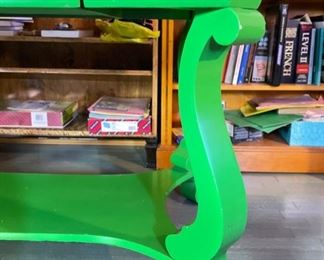 19th Century American Empire Revival Library Writing Desk in the Style of J. & J. W. Meeks. Lacquered in Apple Green. Measures 48" W x 28" D x 29" H. Photo 2 of 4.