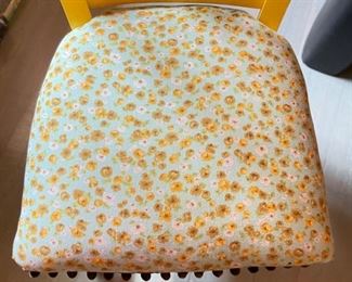 Yellow Upholstered Desk Chair with Pom Pom Trim. Photo 3 of 4.