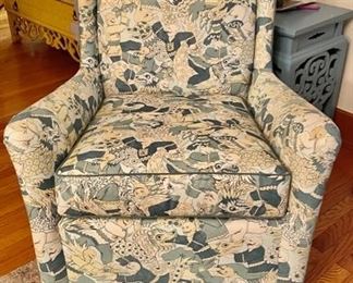 Kaleidoscope for Swaim Collection Mid-Century Reproduction Club Chair upholstered in a vintage Asian Scalamandre Toile. Photo 1 of 4.
