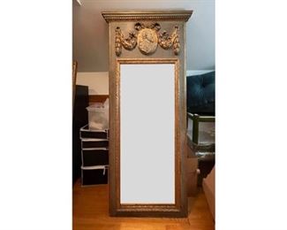 18th Century Swedish Painted and Parcel-Gilt Pier Mirror. Beveled Mirror rests below the crest, decorated with a bas-relief classical profile portrait of a Gentleman. Measures 73" H x 32.25" W. Photo 1 of 4.