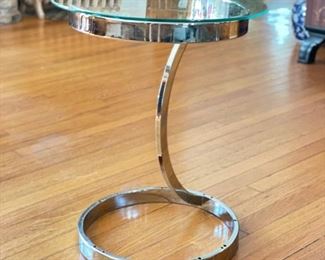 Mid-Century Brass and Glass Occasional Table. Measures 17" D x 20.5" H. Photo 2 of 2.