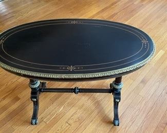 Antique English Aesthetic Ebonized & Gilt Occasional Table. Measures 42" W x 25" D x 30" H. Photo 1 of 4.