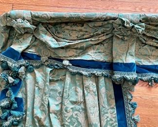 Pair of Scalamandre Curtain Panels with Velvet & Fringe Trim. Measures 99" L x 52" W. Matching 14' Valance with Rosettes Available, too. Photo 3 of 3.