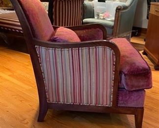 Pair of Art Deco Style Club Chairs Upholstered in Pink Floral Velvet with Contrasting Stripes on Back. Measures 30" W x 34" D. Photo 3 of 5.