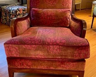 Pair of Art Deco Style Club Chairs Upholstered in Pink Floral Velvet with Contrasting Stripes on Back. Measures 30" W x 34" D. Photo 1 of 5.