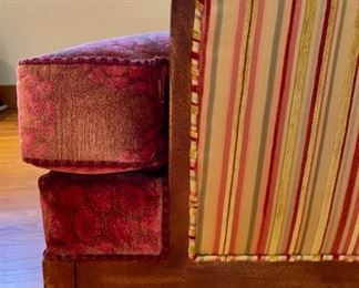 Pair of Art Deco Style Club Chairs Upholstered in Pink Floral Velvet with Contrasting Stripes on Back. Measures 30" W x 34" D. Photo 4 of 5.