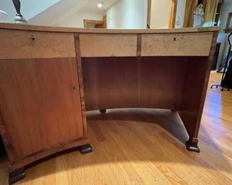 Svenska Mobler Swedish Curved Art Deco Desk with Book Shelf in Karelian Birch and Mahogany by SMF. Photo 5 of 5.