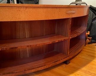 Svenska Mobler Swedish Curved Art Deco Desk with Book Shelf in Karelian Birch and Mahogany by SMF. Photo 2 of 5.