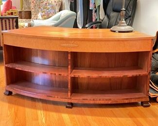 Svenska Mobler Swedish Curved Art Deco Desk with Book Shelf in Karelian Birch and Mahogany by SMF. Photo 1 of 5.