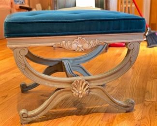 Pair of Italian Painted Wood Stools Upholstered in Teal Scalamandre Mohair Velvet. Each measures 18" H x 25" W x 18" D. Photo 1 of 3.