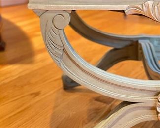 Pair of Italian Painted Wood Stools Upholstered in Teal Scalamandre Mohair Velvet. Each measures 18" H x 25" W x 18" D. Photo 3 of 3.