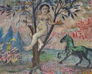 David Davidovich Burliuk (Ukrainian/American). "Eve In The Apple Tree." Oil on Canvas. Signed by Artist. Measures 19" x 15 1/4." Photo 1 of 2.