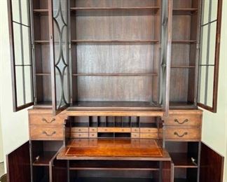 Vintage 1940s Baker Flame Mahogany China Cabinet / Breakfront / Secretary with Leather Drop Down Bar / Desktop. Measures 6' 8" W x 18" D x 7' 7" H. Photo 2 of 3.